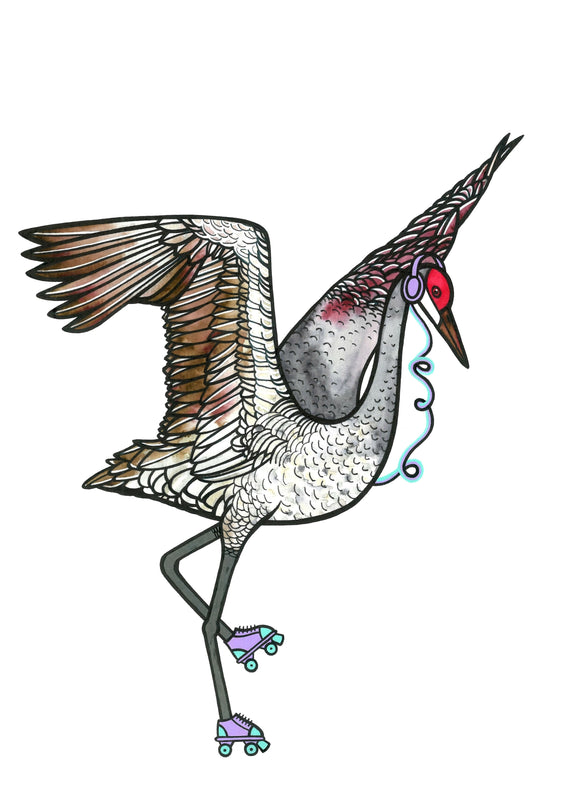 Dancing Roller Skating Crane Bird Art Print