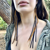 Leather & Feather Long Earrings - Chocolate & Ginger