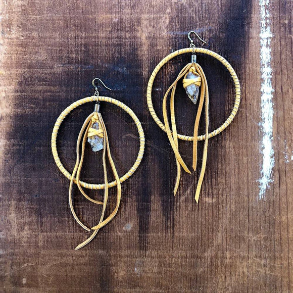 Leather Hoop Earrings - Citrine & Gold