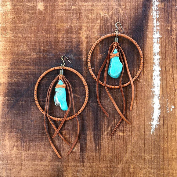 Leather Hoop Earrings - Turquoise & Rust