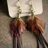 Leather &amp; Feather Mini Earrings - Chocolate/Pheasant