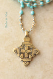 Coptic cross on a turquoise braided strand. Long layering Summer artisan necklace. Mother's day gift.