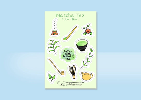 Matcha Tea Sticker Sheet, Tea Vinyl Stickers