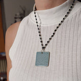 Blue Celadon Square Flower Textured Pendant on Rosary