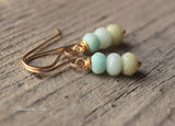 Triple amazonite gold dangle artisan earrings. March or December birthday gift for women.