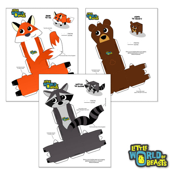 Fox, Raccoon and Bear Paper Toy - PDF Digital Download