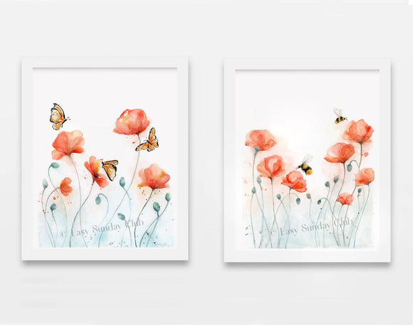 Poppies and Bees / Butterflies - Poppy Watercolor Art Print