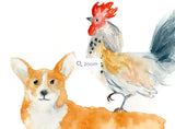 Pig, Dog (Corgi) and Rooster - Chinese Zodiac Inspired Watercolor Art Print