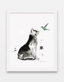 Cat and Hummingbird Watercolor Art Print