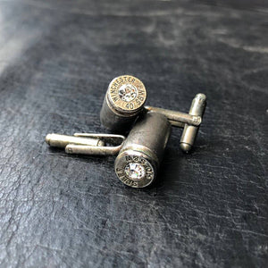 .357 Bullet & Crystal Cuff Links - Antique Silver