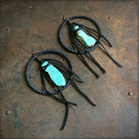 Leather Hoop Earrings - Turquoise & Black