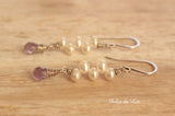 Amethyst and pearl artisan earrings. Long gemstone dangle earrings gift for women.