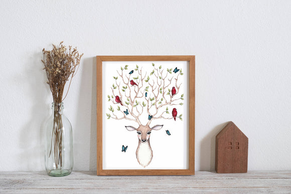 Woodland Deer Whimsical Illustration Art Print