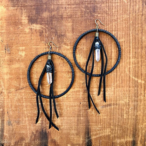 Leather Hoop Earrings - Clear Crystal & Black