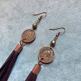 Indian Head Cent &amp; Leather Tassel Earrings