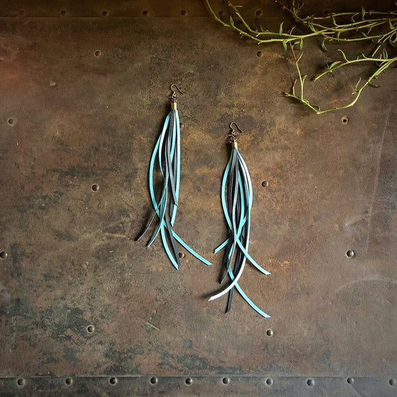 Leather Tassel Earrings - Turquoise & Charcoal