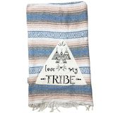 Family Mexican Blanket "Love My Tribe" - Coral / Blue Throw