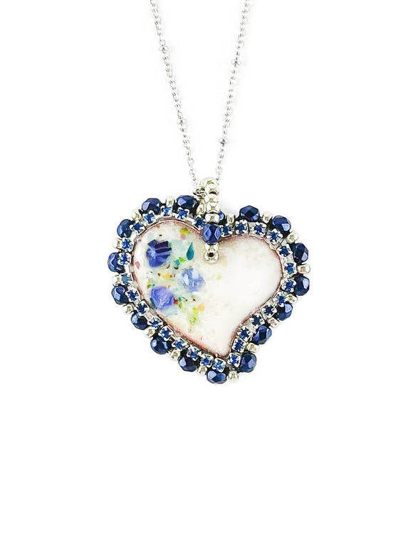 White and Blue Flower Beaded Heart Pendant Necklace