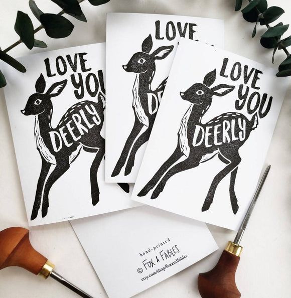 Block Printed Love Deer Illustrated 5pk Greeting Cards