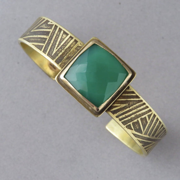 Green Onyx Deco cuff bracelet in solid brass