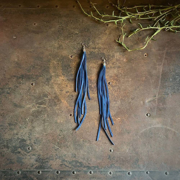 Leather Tassel Earrings - Cadet Blue & Silver