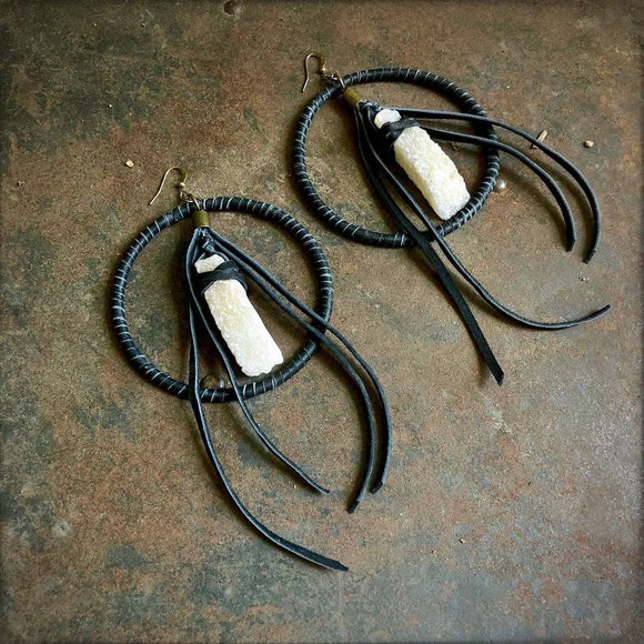 Leather Hoop Earrings - White Druzy & Black