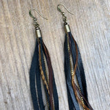 Leather & Feather Long Earrings - Black & Ginger