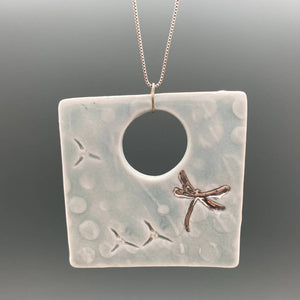 Blue Celadon Square Textured Pendant with Silver Luster Dragonfly