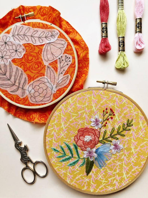 DIY Embroidery Pattern. Peel Stick and Stitch Floral Designs