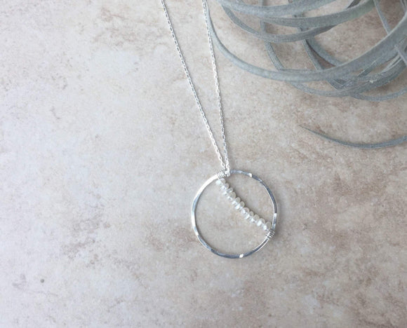 Silver Strung Pearl Circle Necklace