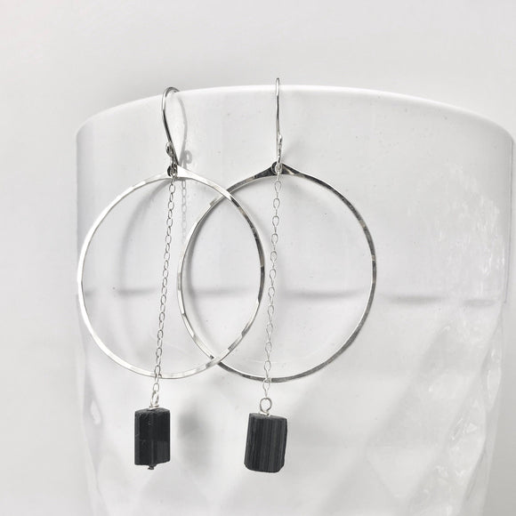 Sterling Silver Hoop Earrings with Black Tourmaline