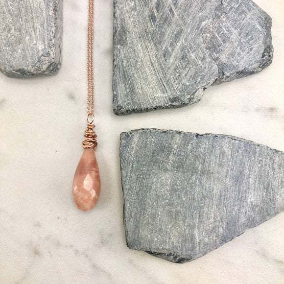 Faceted Gold Peach Moonstone Teardrop Necklace