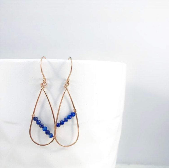 Skinny Rose Gold and Lapis Teardrop Earrings