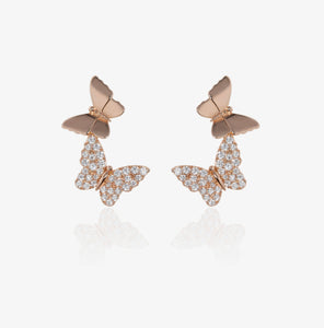 Butterflies Earrings, S925 Sterling Silver CZ Crystals, Rose Gold & Gold Plated, Butterfly Studs, Dainty Dangle Earrings, Good Luck Gift