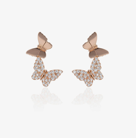 Butterflies Earrings, S925 Sterling Silver CZ Crystals, Rose Gold & Gold Plated, Butterfly Studs, Dainty Dangle Earrings, Good Luck Gift