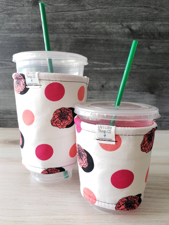 Iced Beverage Cup Snug - Coral & Floral Dots