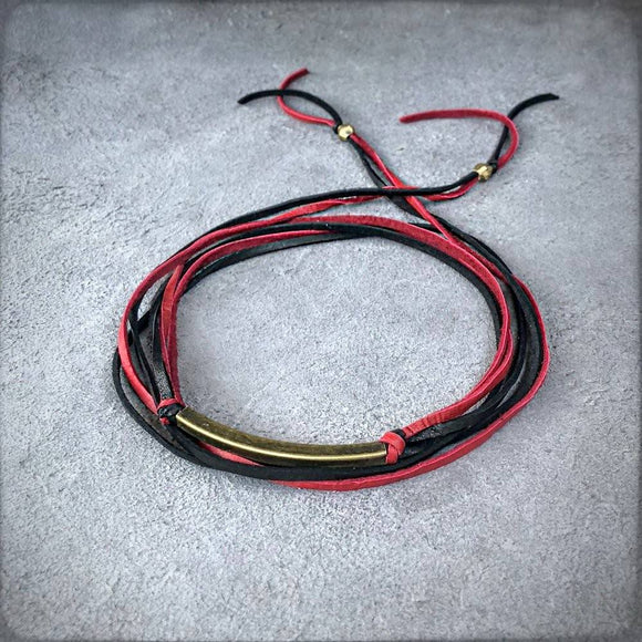 Leather Wrap Choker - Red & Black