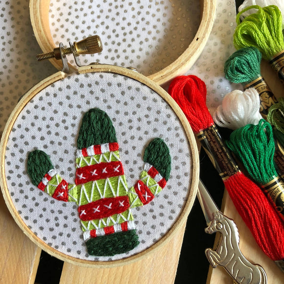 Holiday Sweater Cactus Ornament- DIY Beginner Embroidery Craft Kit