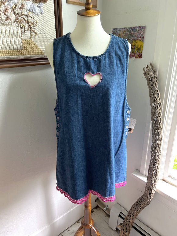 Denim jumper with heart cutout and lace trim