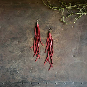 Leather Tassel Earrings - Red