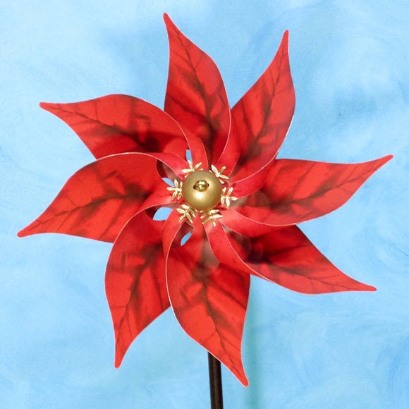 Red Poinsettia Flower Pinwheel Wind Spinner Whirligig Windmill Fan