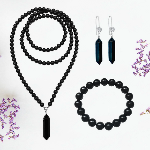 doublepointedonyx-obsidiannecklace-earring-braceletset