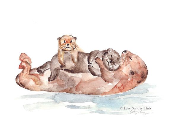 Sea Otters Mother and Cub Watercolor Art Print