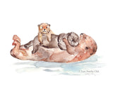 Sea Otters Mother and Cub Watercolor Art Print