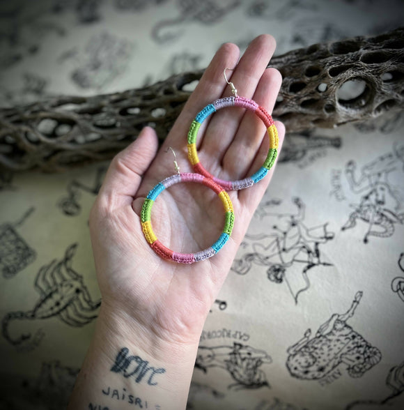Handmade Lg crochet rainbow earrings