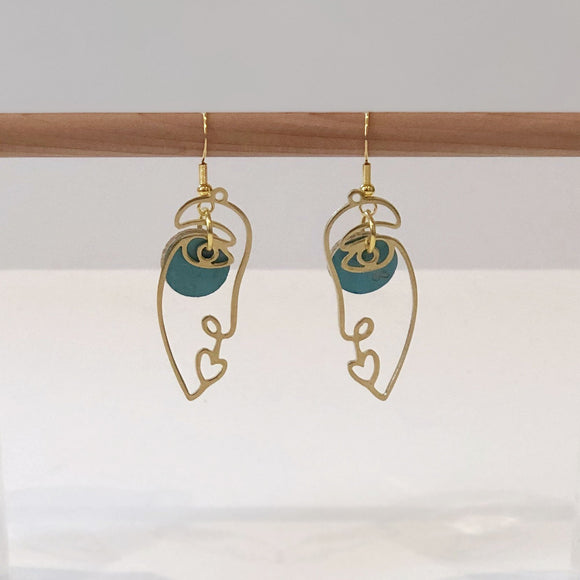 Abstract Face Earrings with Heart shaped Lips - Turquoise