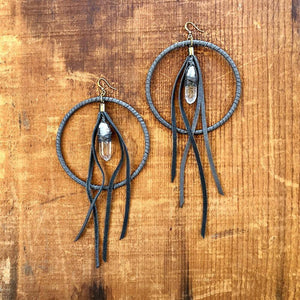 Leather Hoop Earrings - Clear Crystal &amp; Charcoal