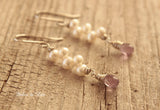 Amethyst and pearl artisan earrings. Long gemstone dangle earrings gift for women.