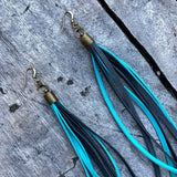 Leather Tassel Earrings - Turquoise &amp; Charcoal