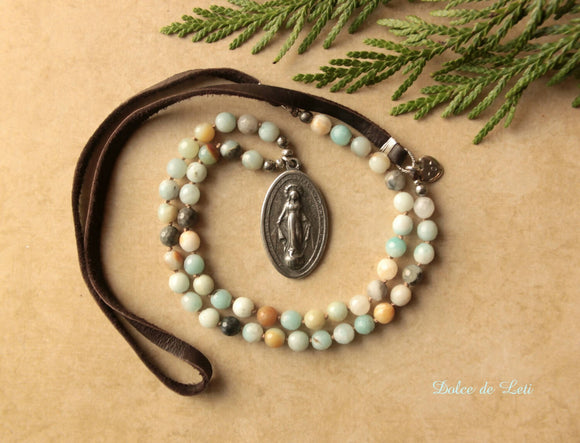 Amazonite artisan necklace with Miraculous medal.